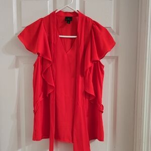 Worthington Red Sleeveless Ruffle V-Neck Blouse with Tie